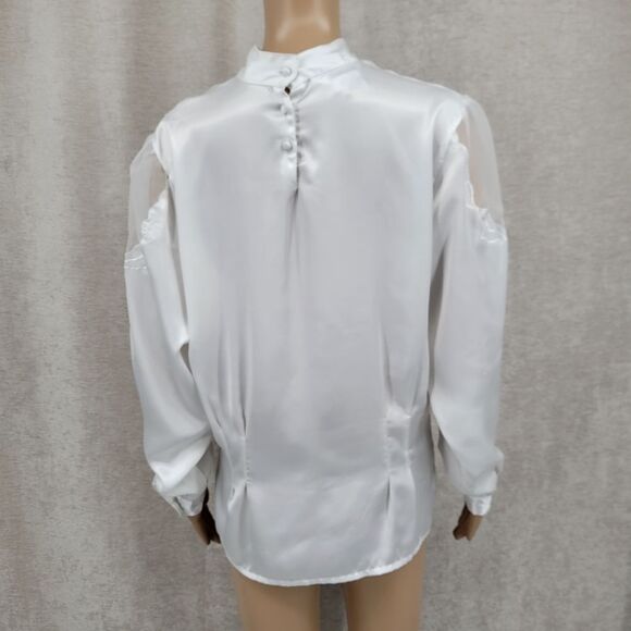 Susan Hutton Vintage White Satin Sheer Mesh Long Sleeve Blouse Women's Plus Size - Picture 5 of 9